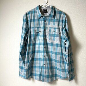 Oakley Shirt Mens Size L Blue Gray Plaid Button Up Long Sleeve Regular Fit Logo